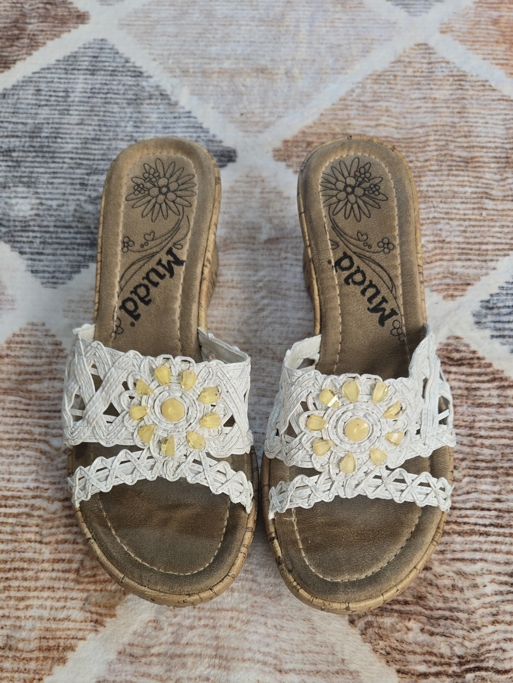Mudd White Woven Slide Mules with Yellow Flower Detail